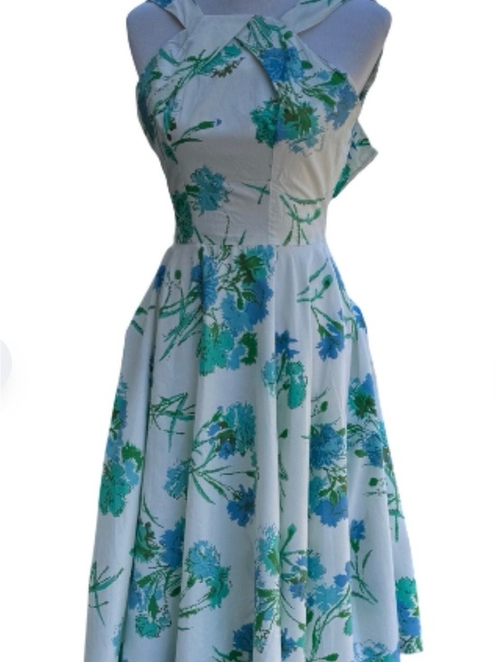 No detectable brand Dresses & Skirts - Womens Floral Sundress White & Blue Sleeveless Fit & Flare M (12) Vintage 50s
